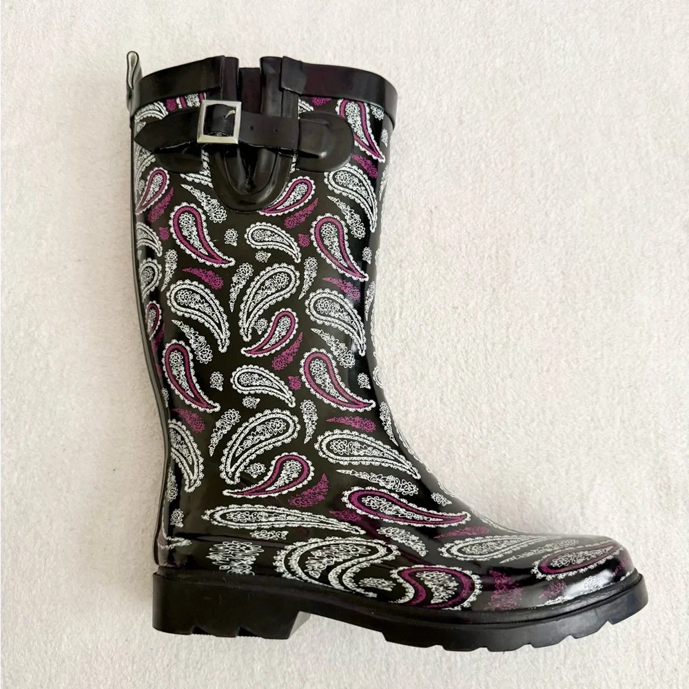 Paisley Rubber Rain Boots Black Purple Size 8 Tall Waterproof Outdoor